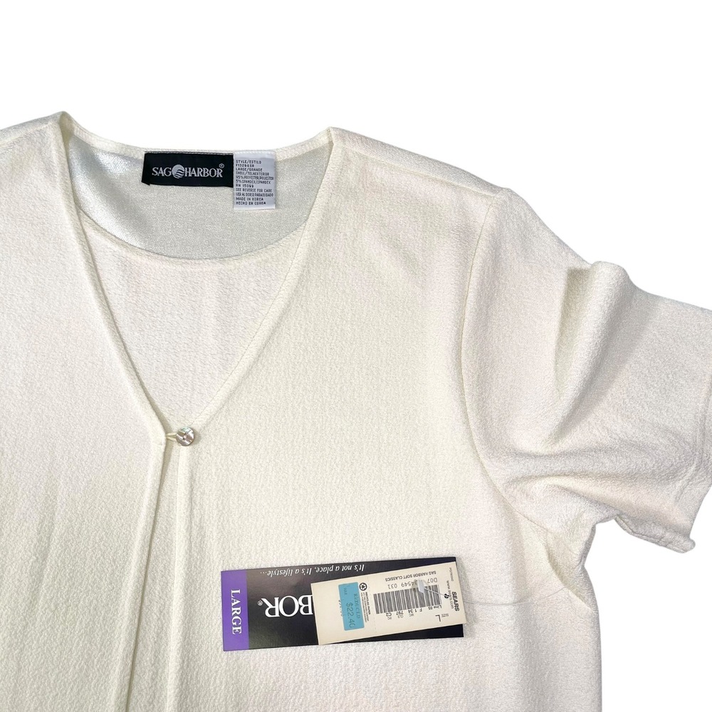 Sag Harbor L Ivory Short Sleeve Cardigan Top Textured Crepe Officecore Laganlook